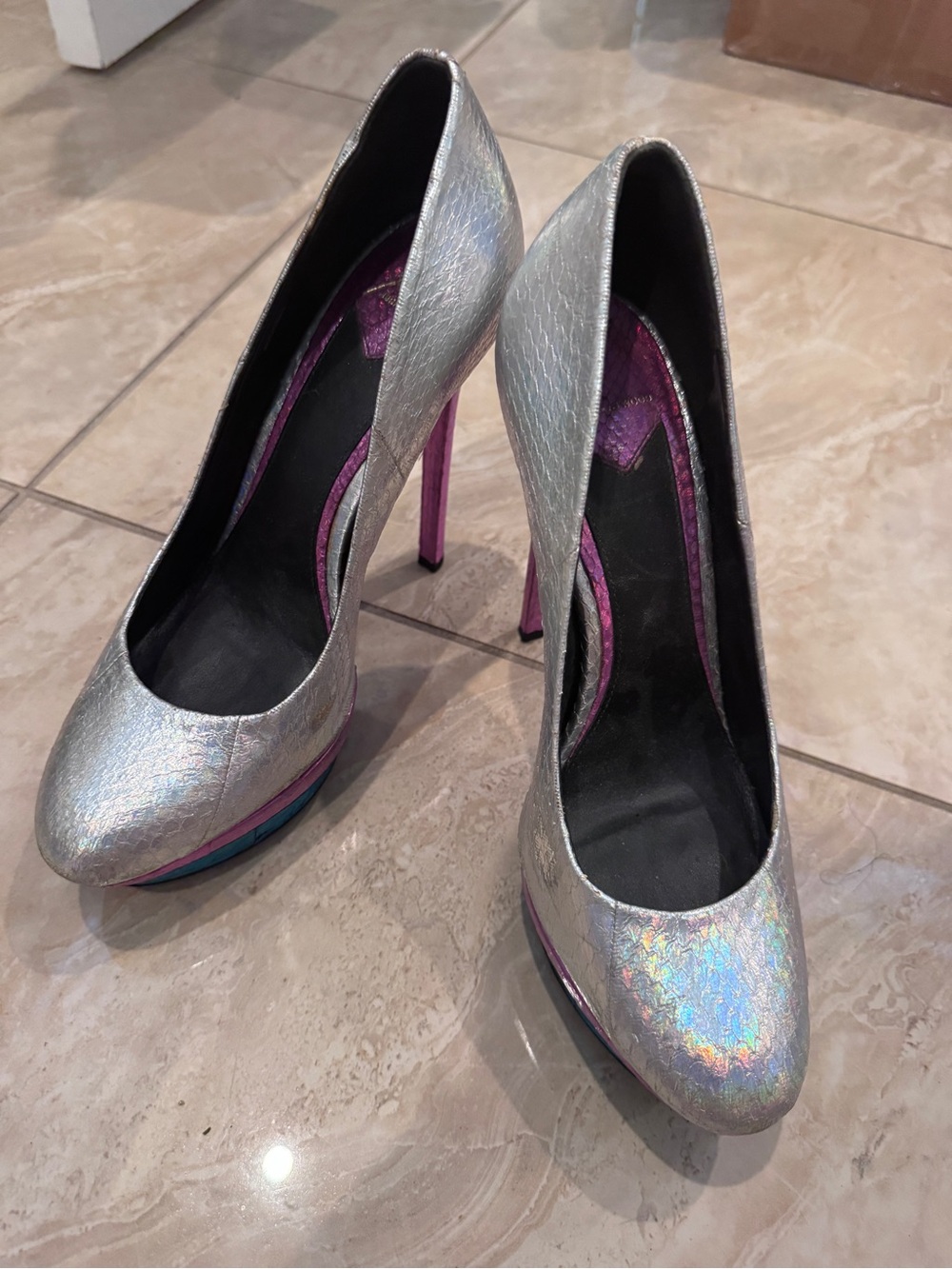 Brian Atwood Silver Iridescent Pumps with Pink Heel